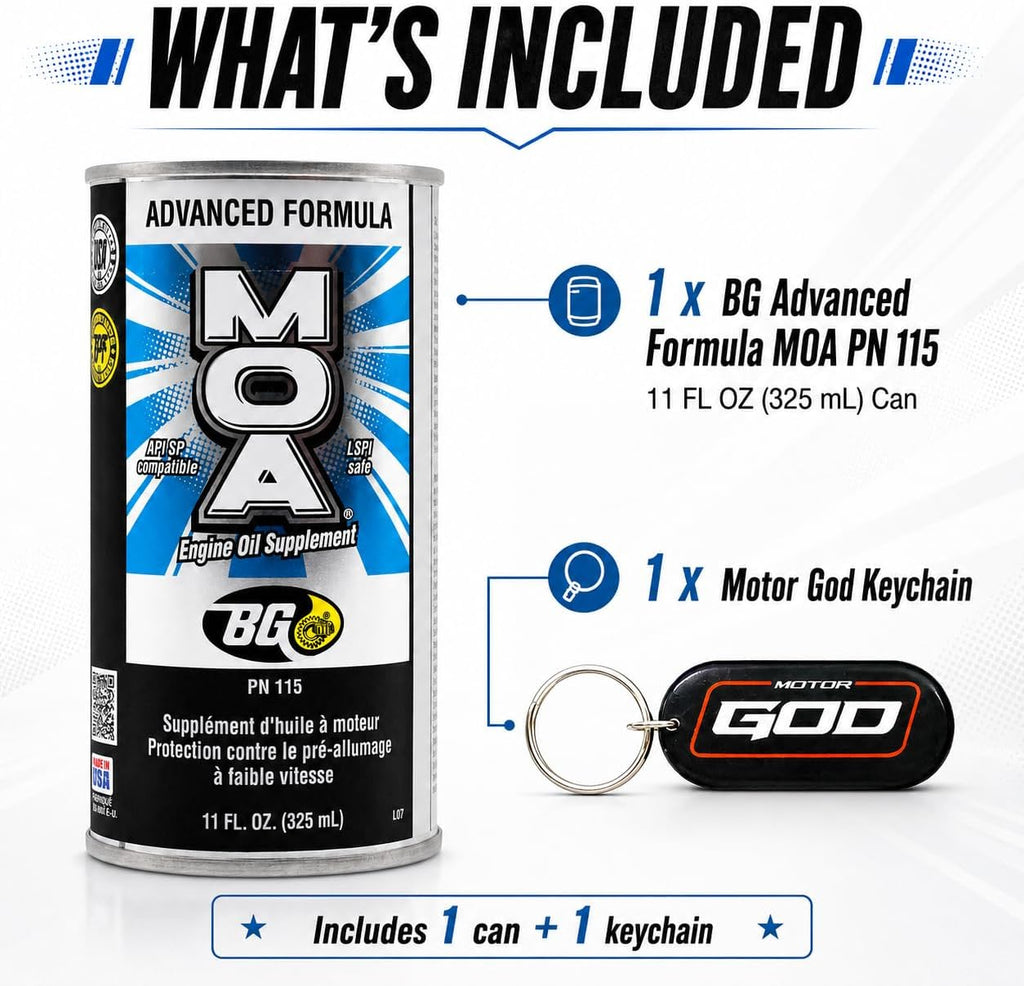 BG Advanced Formula MOA PN 115 Motor Oil Additive, Engine Oil Supplement, 11 fl oz Can with Keychain, Pack of 1