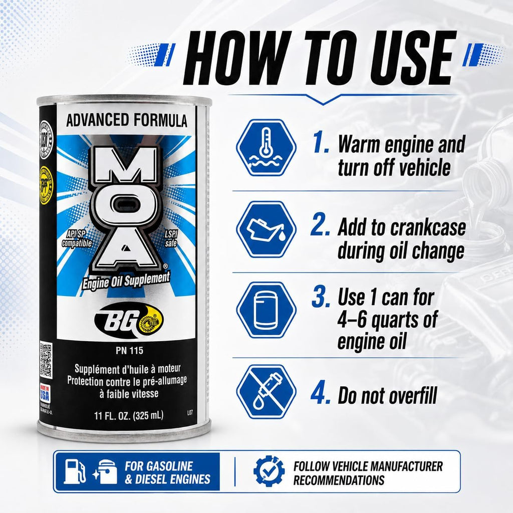 BG Advanced Formula MOA PN 115 Motor Oil Additive, Engine Oil Supplement, 11 fl oz Can with Keychain, Pack of 1