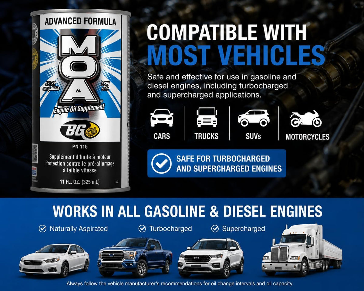 BG Advanced Formula MOA PN 115 Motor Oil Additive, Engine Oil Supplement, 11 fl oz Can with Keychain, Pack of 1