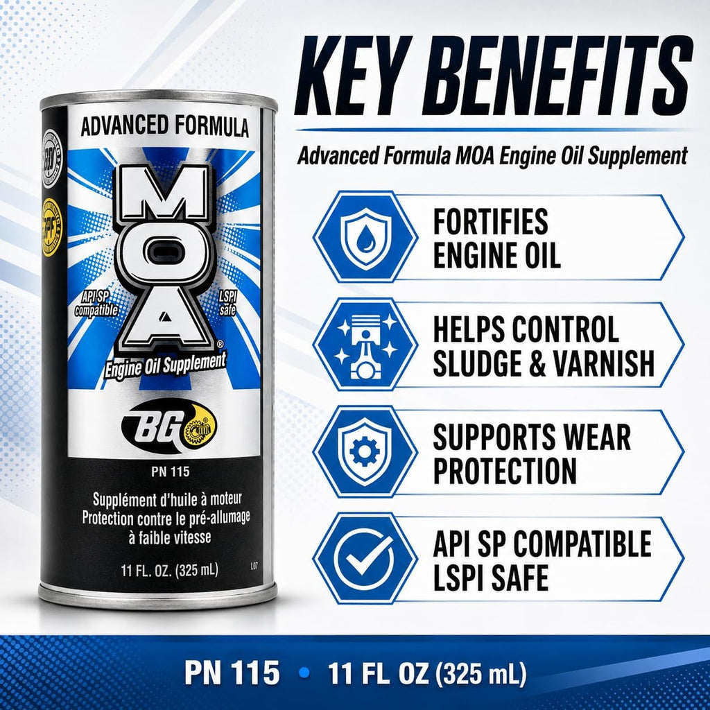BG Advanced Formula MOA PN 115 Motor Oil Additive, Engine Oil Supplement, 11 fl oz Can with Keychain, Pack of 1