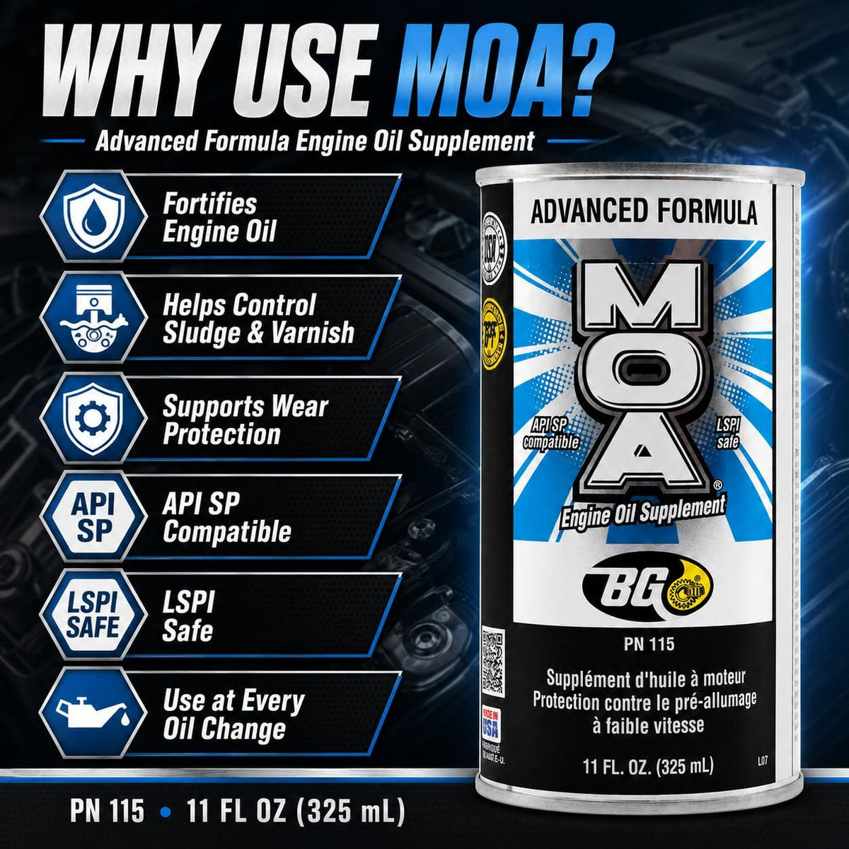 BG Advanced Formula MOA PN 115 Motor Oil Additive, Engine Oil Supplement, 11 fl oz Can with Keychain, Pack of 1